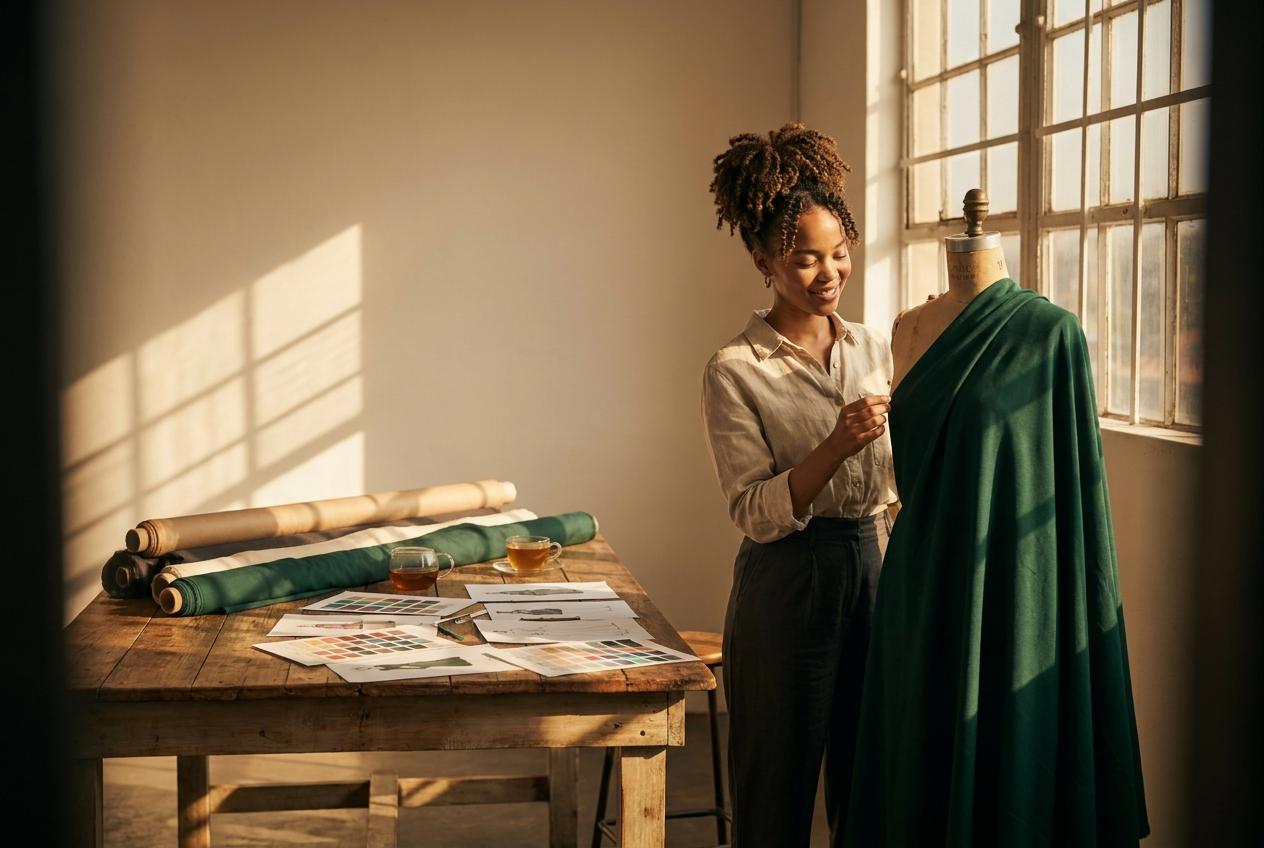 A designer draping fabric on a mannequin in her studio.