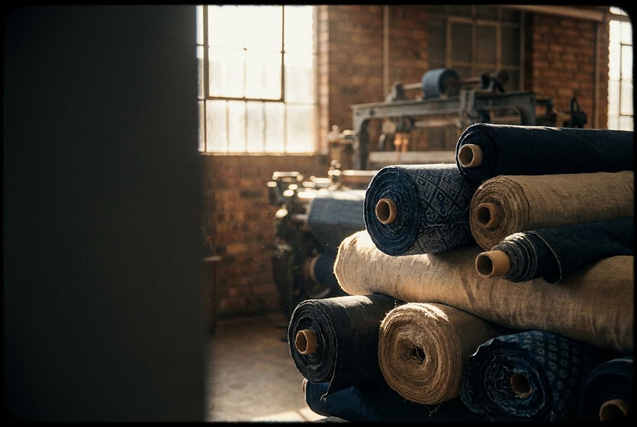 Rolls of textile stacked in a South African mill.