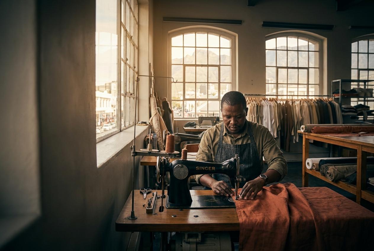 A South African tailor at work in a Cape Town atelier during golden hour.